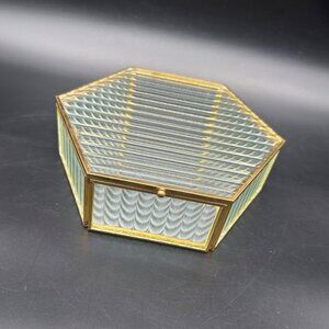 Vintage Jewelry Box Hexagon Ribbed Clear Glass Brass Hinged Top Mirrored Inside